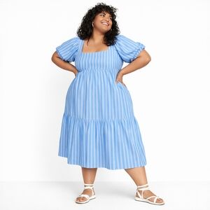 Old Navy Plus Size 100% Cotton Blue Stripe Puff Sleeve Tiered Midi Dress